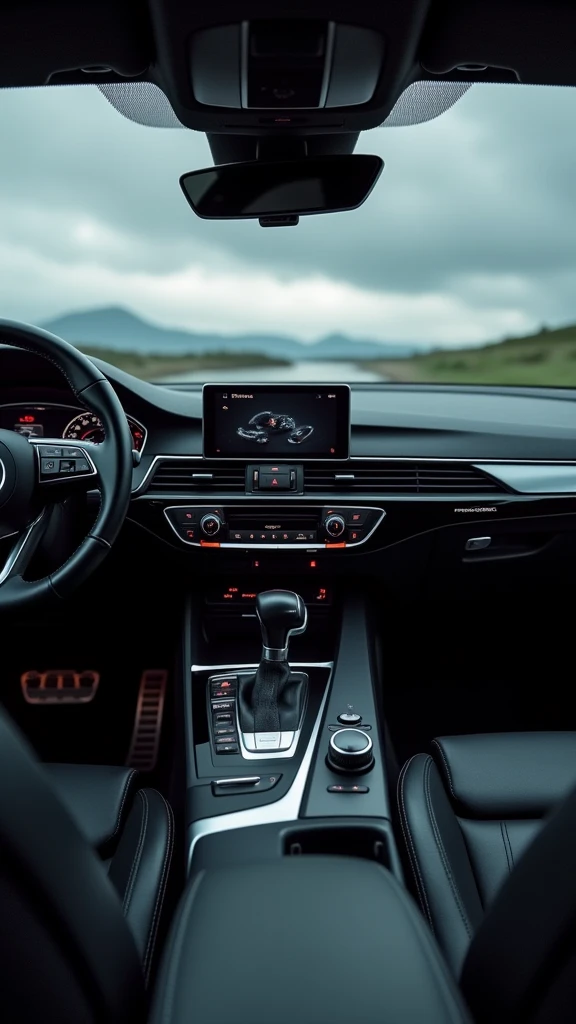 Je voudrais une photo prise depuis le siège passager d'une Audi, montrant une vue détaillée du volant et du levier de vitesse comme si j’étais à l’intérieur de cette voiture. 
Il faut vraiment que la photo soit réaliste, comme si c’était quelqu’un qui l’avait pris en photo. Il faut savoir aussi que le ciel est gris gris et non bleu parce qu’il fait pas très beau aujourd’hui.