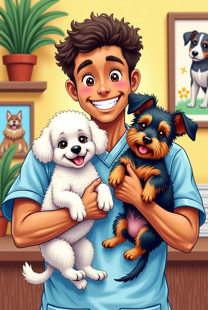 Make a crayon-style illustration of a light-skinned male veterinarian, com olhos castanhos, holding two puppies, a white poodle and a black and brown and grey Yorkshire. Both with their tails docked.