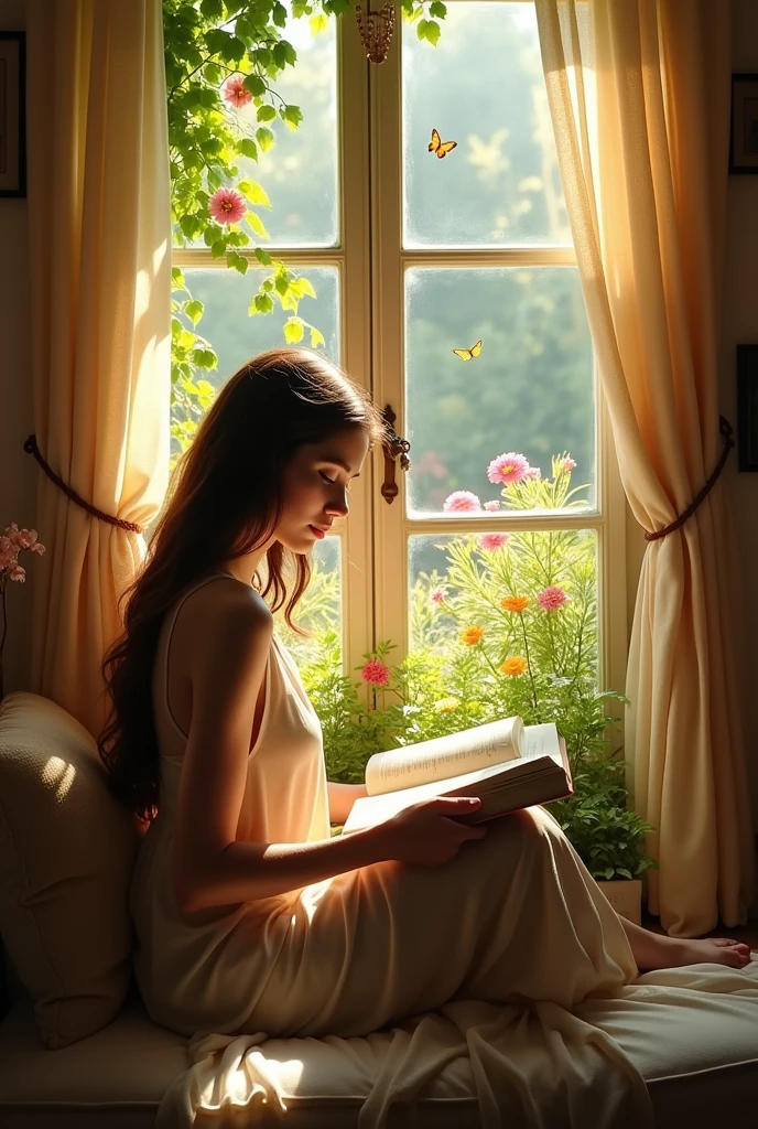 A beautiful woman reading in her room at the window with the garden outside