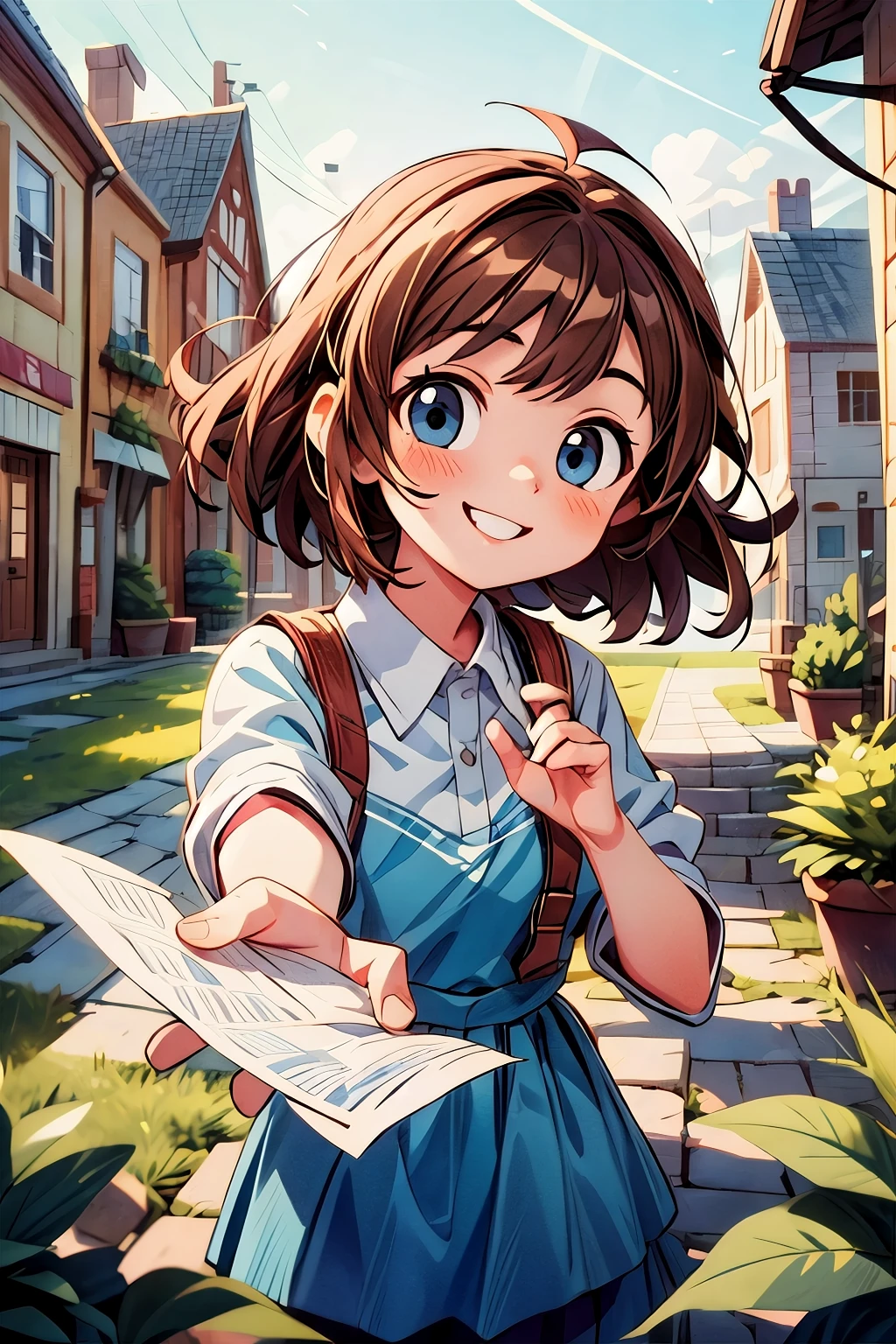 (((masterpiece))),best quality,girl,smile face,outdoor, floating brown hair,blue eyes,town,handing you a paper,