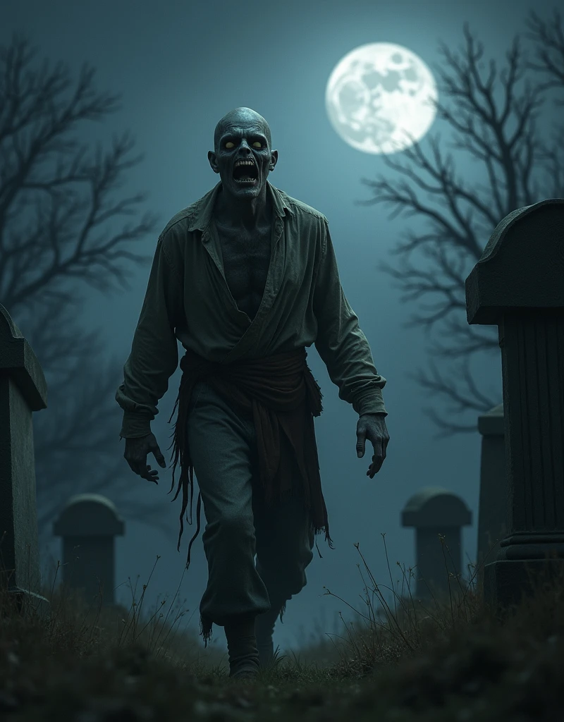a zombie crawling out of the ground in a graveyard, high quality, realistic, 4K, Strong Focus