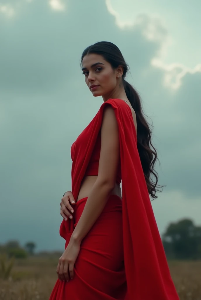 Kriti sanon in red saree, showing hips, cloud, noises, hot pose, no sunlight, no shining, realistic, raw photo, no lose hair, pinned hair, selfie, smily lips
