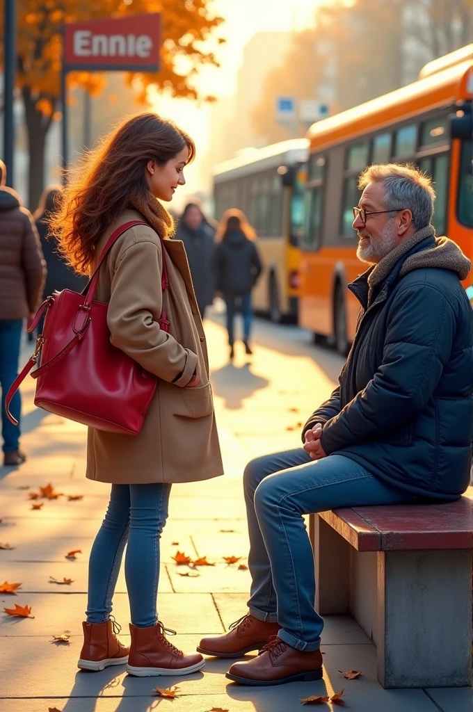 A drawing of a woman meeting a man at the bus station