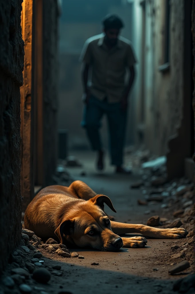 In a narrow alley of the village, a wounded dog named Tony lies in a pitiful state. He is weak and trembling with fear. His eyes reflect pain and deep unease. Seeing this, Rahul's eyes fill with tears, and he resolves to help Tony. His heart is full of concern and compassion.