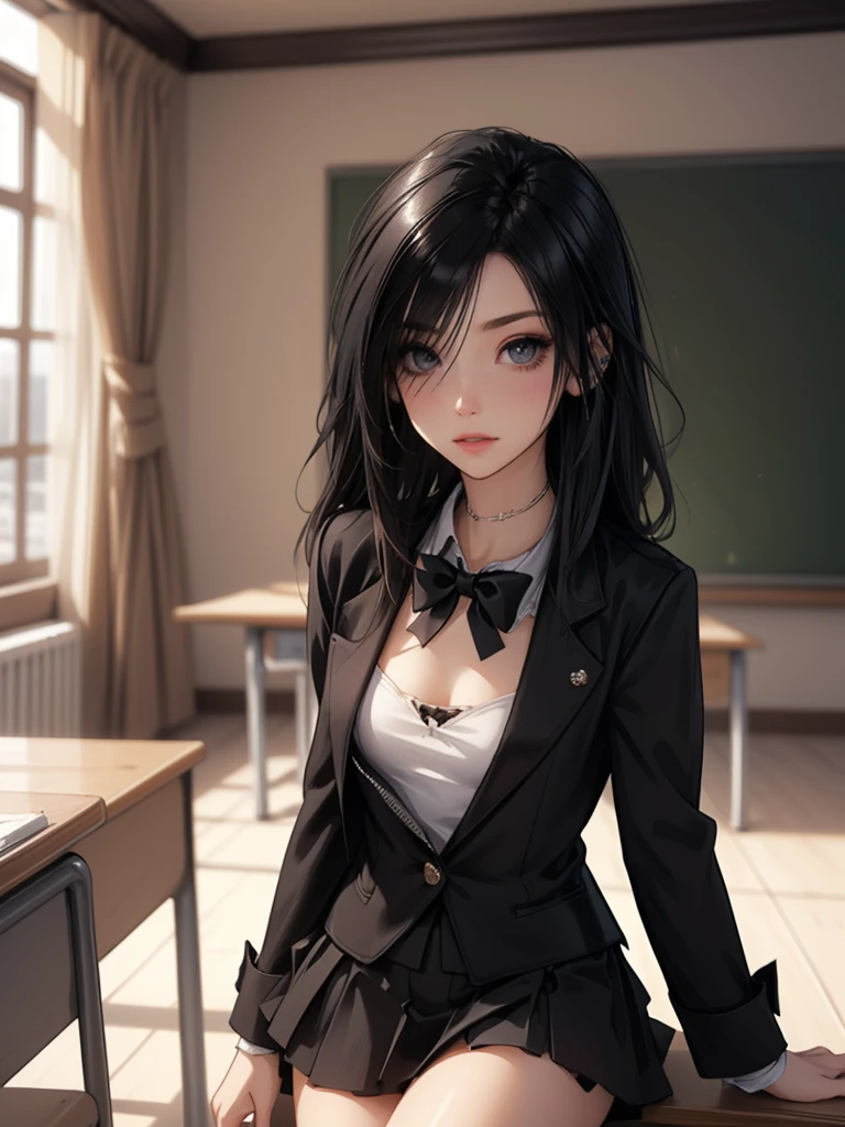 (best quality: 1.2), clean face, (masterpiece: 1.2, 8k) perfect anatomy, 1 girl) a beautiful fashion model ,(masterpiece, official art, best quality shiny hair, straight black hair with streaks in hair, full lips, small breasts, blazer school uniform, short skirt, thong straps, (dark makeup, piercings), shiny breasts, shiny skin, looking at viewer, college student, horizontal, lounging, a single girl, scene haircut, dark makeup, dark eyes, (slender, skinny, slight frame, small breasts), ((emo, scene girl)), classroom, hair over one eye