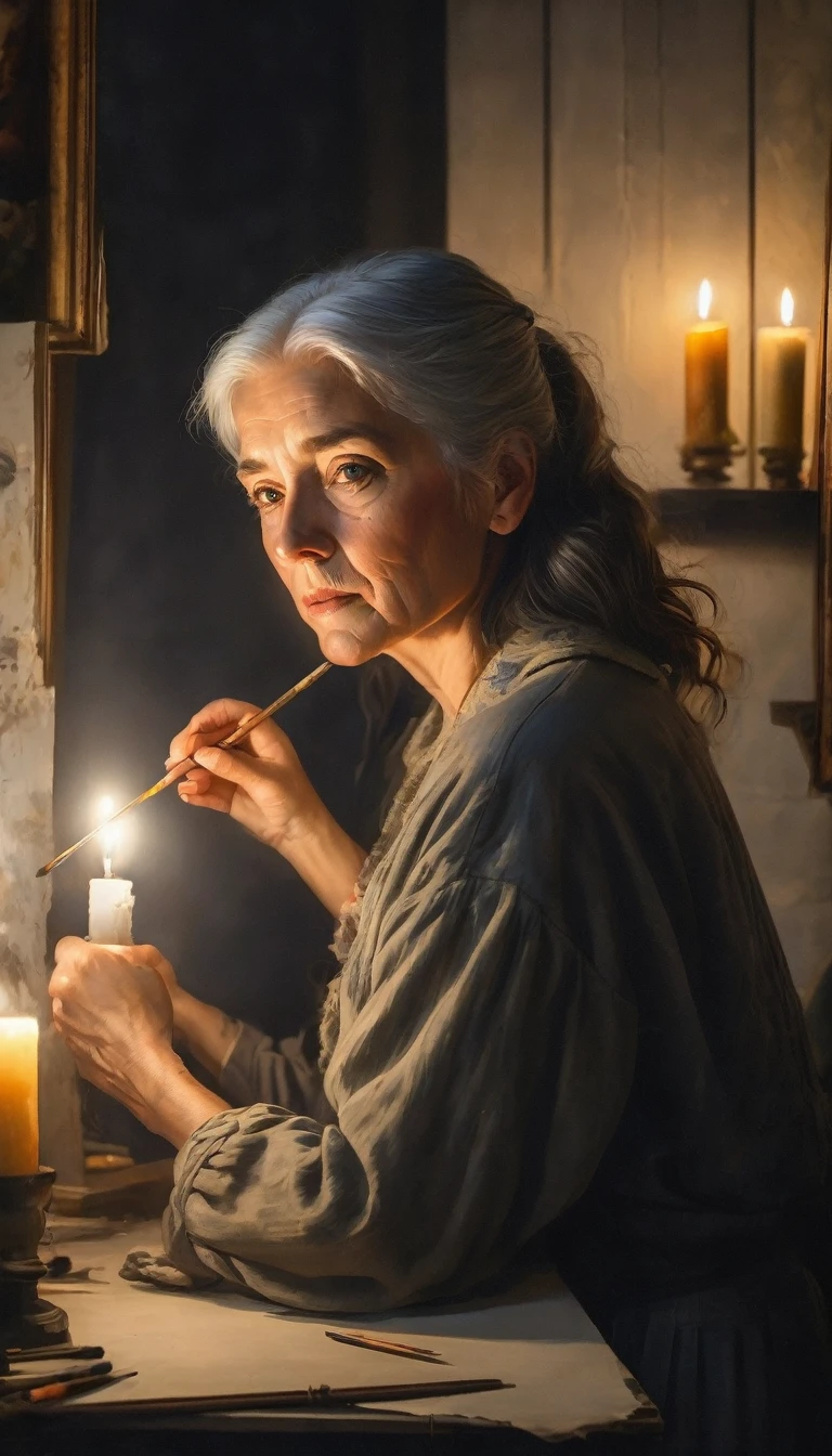 artist's workshop, old, gray-haired artist by candlelight, painting a portrait of his beloved, whom he loved in his youth, beautiful girl 20+, portrait visible, aesthetically pleasing, beautiful, high detail, soft lighting