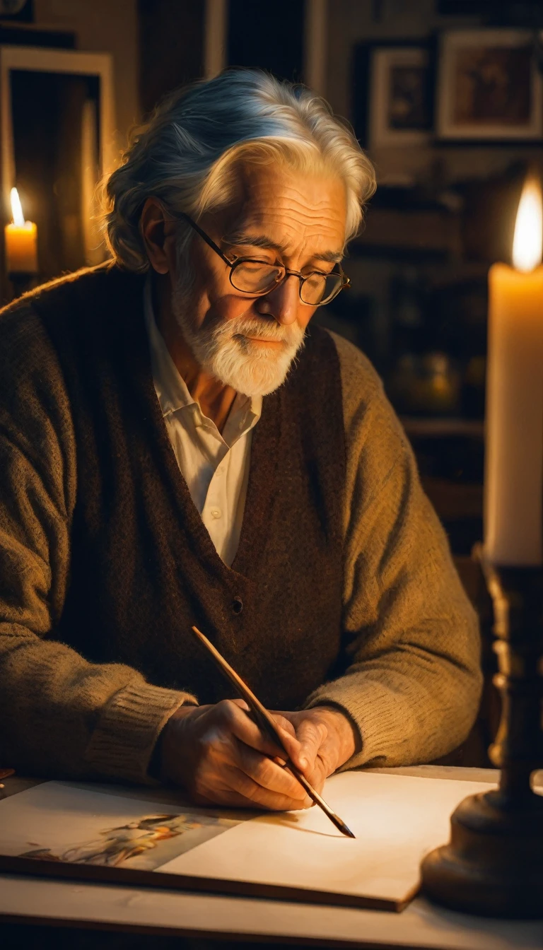 artist's workshop, old, gray-haired artist by candlelight, painting a portrait of his beloved, whom he loved in his youth, beautiful girl 20+, portrait visible, aesthetically pleasing, beautiful, high detail, soft lighting