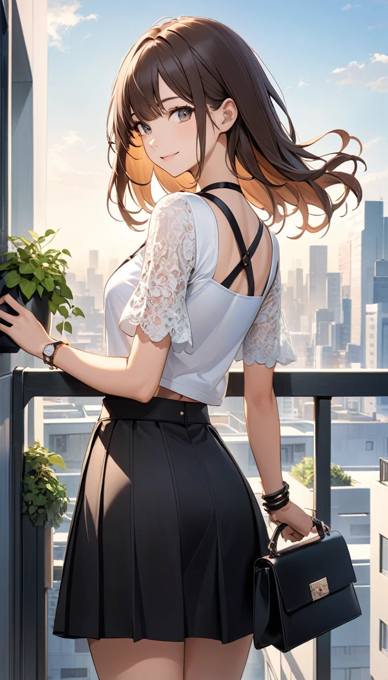 Detailed Description of the Image:

The image features a young woman posing on an outdoor balcony with a modern urban background that includes tall buildings and greenery. The woman is standing with her back to the camera, but she has turned her face slightly to the right, looking directly at the camera with a soft expression and a slight smile.

Clothing and Accessories:

    Top: She is wearing a short white top with lace on the sleeves and back. The top has short, tight sleeves that are semi-transparent due to the lace. The back of the top is open, with ties that are fastened at the lower back.
    Skirt: She is wearing a short black skirt, fitted at the waist and with a straight cut.
    Footwear: She has on high-heeled black sandals with thin ankle straps.
    Accessories: She is carrying a small black handbag, hanging from her right arm. It also seems like she is wearing a watch or bracelet on her left wrist.

Hairstyle:

    Her hair is long and straight, with a gradient color from dark brown at the roots to a lighter shade towards the ends. She has her hair down, flowing over her back and shoulders.

Environment:

    She is standing on a balcony with a glass railing. In the background, modern buildings with large windows and some greenery are visible, suggesting that she is in a city with a mixed urban landscape. The lighting is soft, likely during the day, which enhances the natural colors and the relaxed atmosphere of the scene.