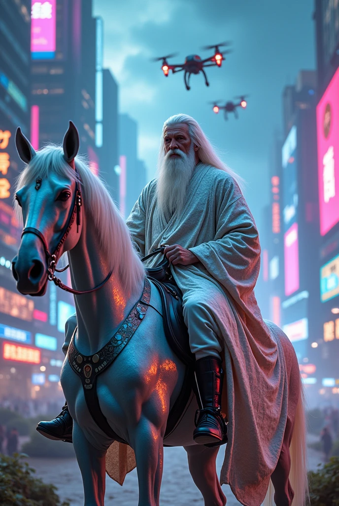 an elderly white man with long straight hair also riding another horse, in a futuristic setting