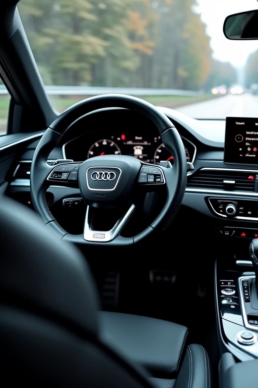 Je voudrais une photo prise depuis le siège passager d'une Audi, montrant une vue détaillée du volant et du levier de vitesse comme si j’étais à l’intérieur de cette voiture