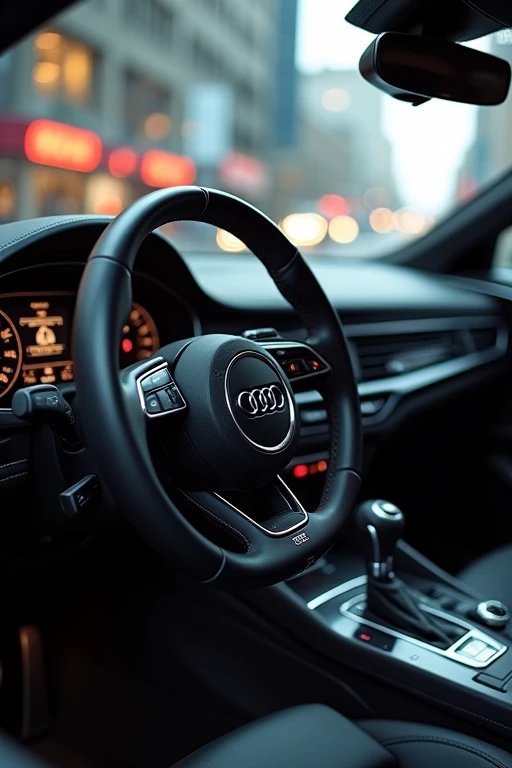 Je voudrais une photo prise depuis le siège passager d'une Audi, montrant une vue détaillée du volant et du levier de vitesse comme si j’étais à l’intérieur de cette voiture