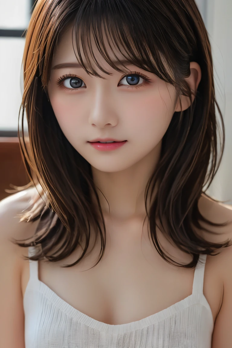 Highest quality, (beautiful)、beautiful女性、Precision Eyes、Brown Hair、Looking into the camera、Soft Breasts、Medium Hair、Inward curl hair、indoor、Surprise expression