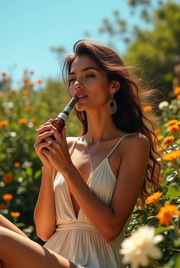 a beautiful thin and sensual Latina woman with little clothing on a summer day, drinking mate with a bombilla