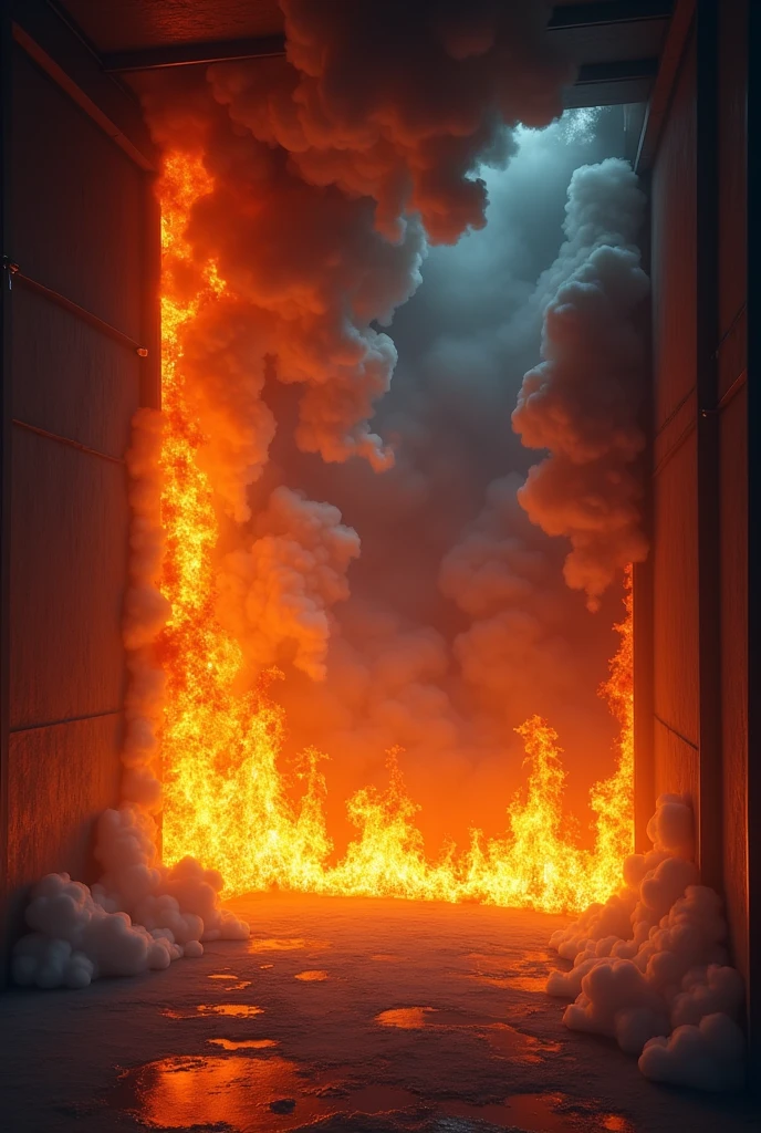 animated chart, non-realistic showing the distribution of gases and flames in a rollover fire. Room on fire with smoke on the ceiling