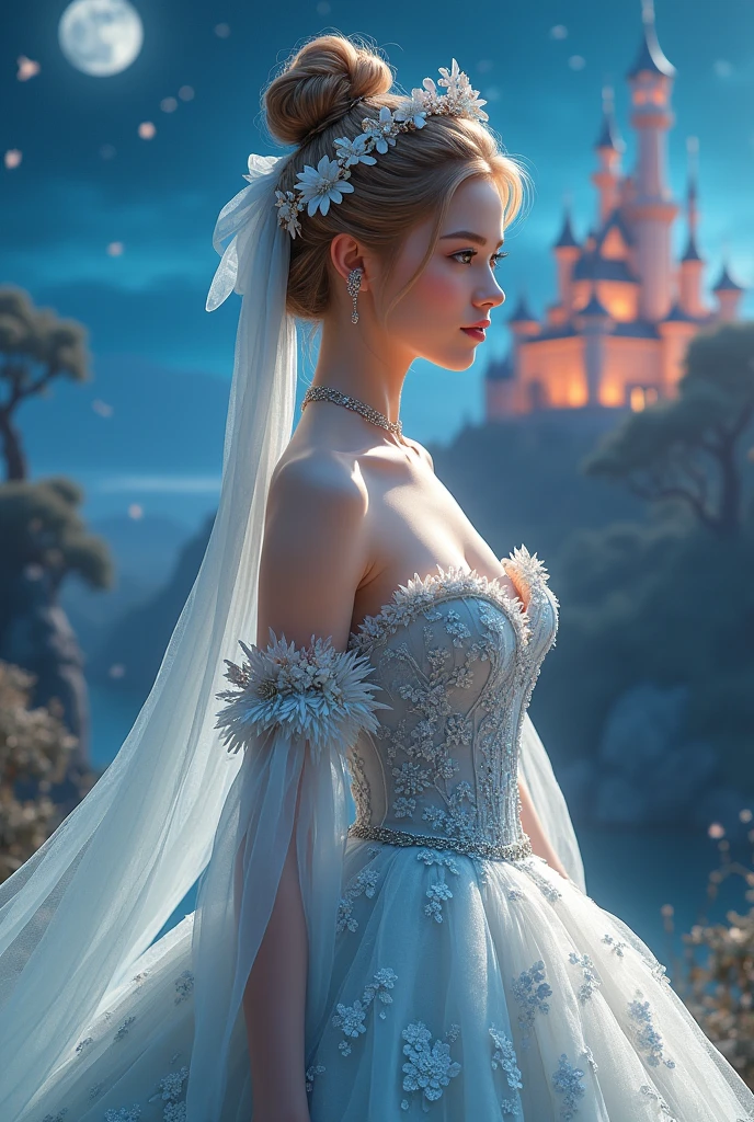 Cinderella and the Gold Coins , Gorgeous clothing with exquisite embroidery, Flowing tulle, Long transparent colored ribbon tied around the arm, Inspired by the Dunhuang Flying Apsaras murals, Show your belly button, Bare shoulders, Bare neck, High bun,Flower hairpins, Ribbon on armband, wreath, bracelet, Anklets, Metal chain tassels at waist, Mogao Grottoes Art, Ink Painting, cgstation pop music, In the castle at night, ((whole body)), ((Super realistic))