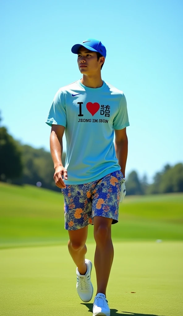 Make a picture of a handsome Korean male golf player, The shoes are Nike, The hat is Nike, Make me a pair of Nike shorts, Make a view of me walking towards you, bust shot, Make your eyes clearer, Make a T-shirt with the words "I love Jeong Im-seon"