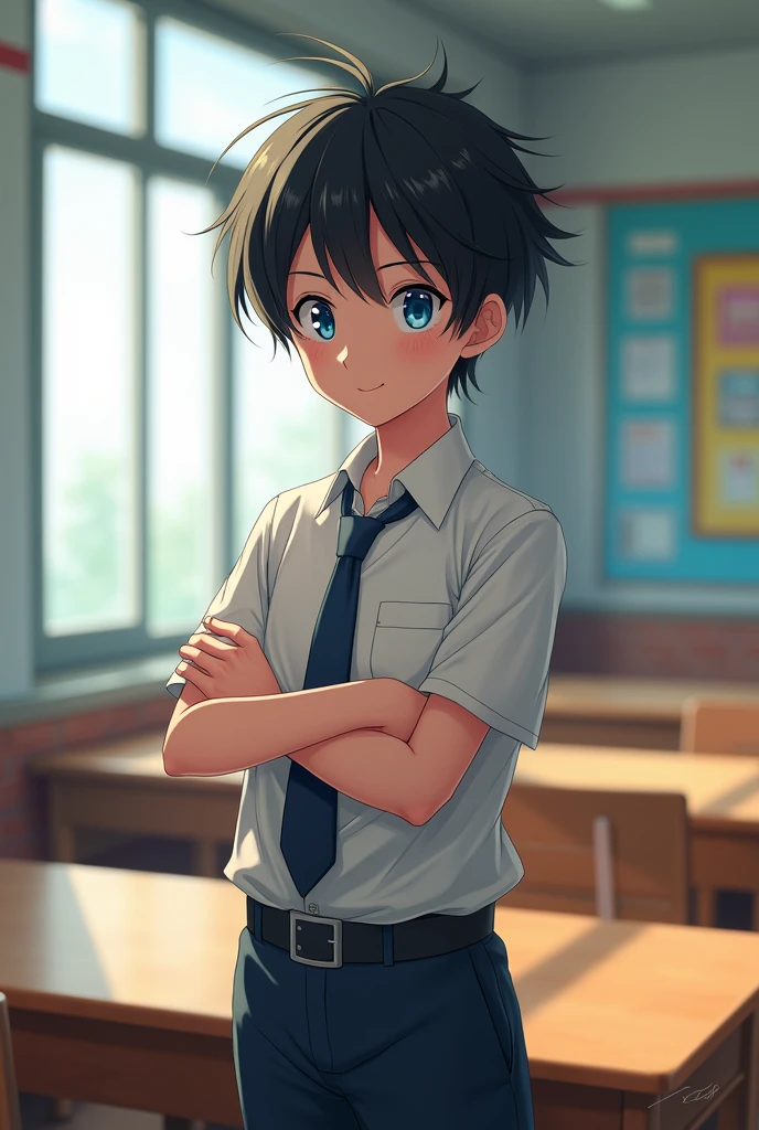 boy, black hair with bangs, blue eyes, weraing a school uniform, standing, hot, in the class, folding arms, background class,flying hairs, tall, student, male