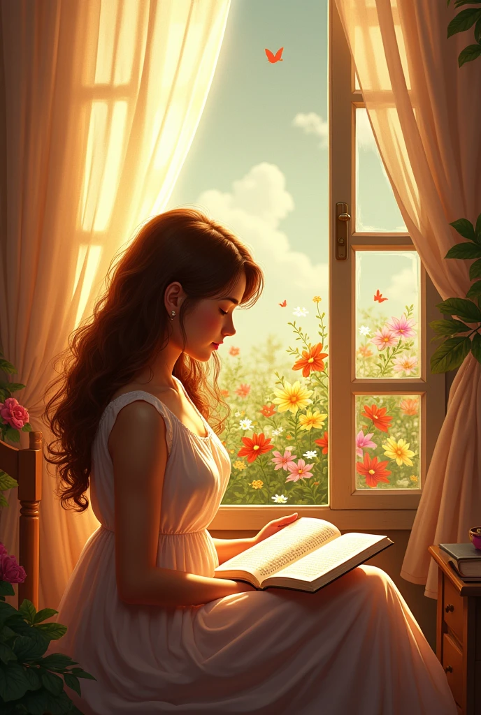 A beautiful woman reading in her room at the window with the garden outside. Make it animated