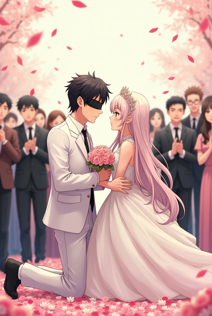 Anime. male. A man wearing a black blindfold. A man kneeling to a woman. A man holding a flower. A man in a white suit. A long-haired female in a wedding dress. In the background, there are people clapping hands.