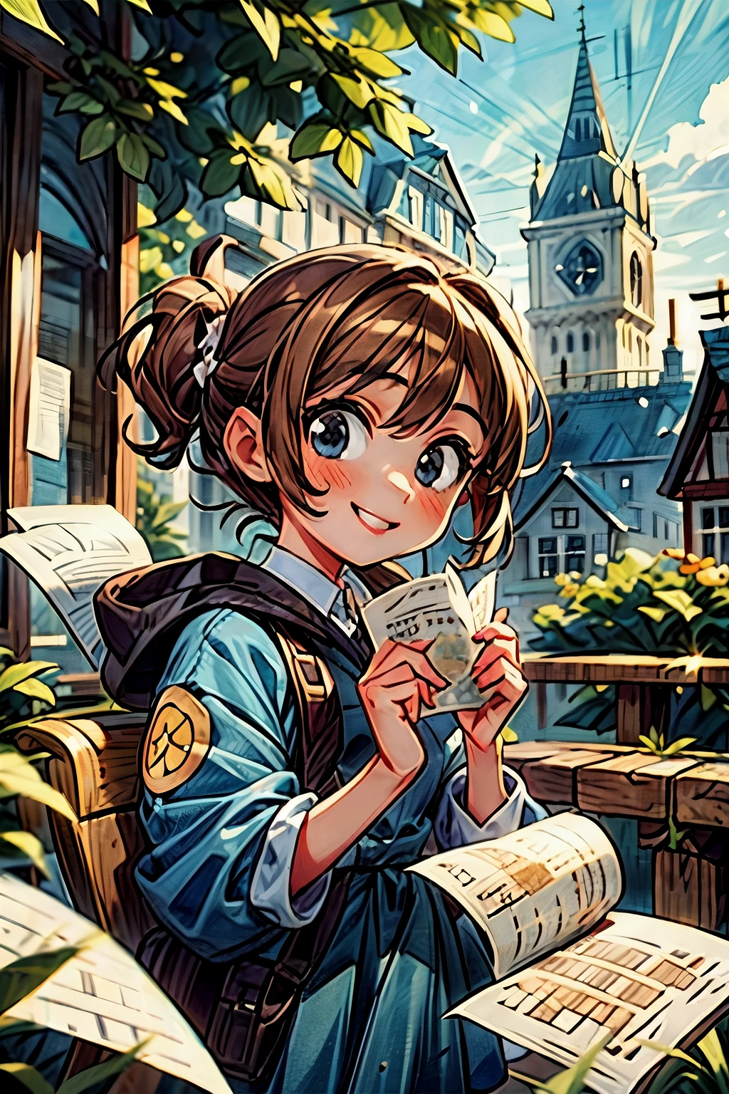 (((masterpiece))),best quality,girl,smile face,outdoor,brown hair,blue eyes,town,handing you a paper