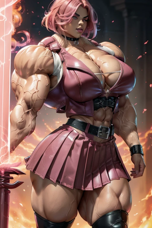 ((Close-up)), tall, (shocking pink hair) beautiful muscular woman, angled bob cut, light brown skinned, large breast, closed smile, (black lipstick), (massive muscles), (hyper muscle), ((ginormous bulky muscles)) red eyes, (((pink leather vest))), (((long pleated skirt))), ((carrying a pink fire sword)), choker, boots, in a mystical school,