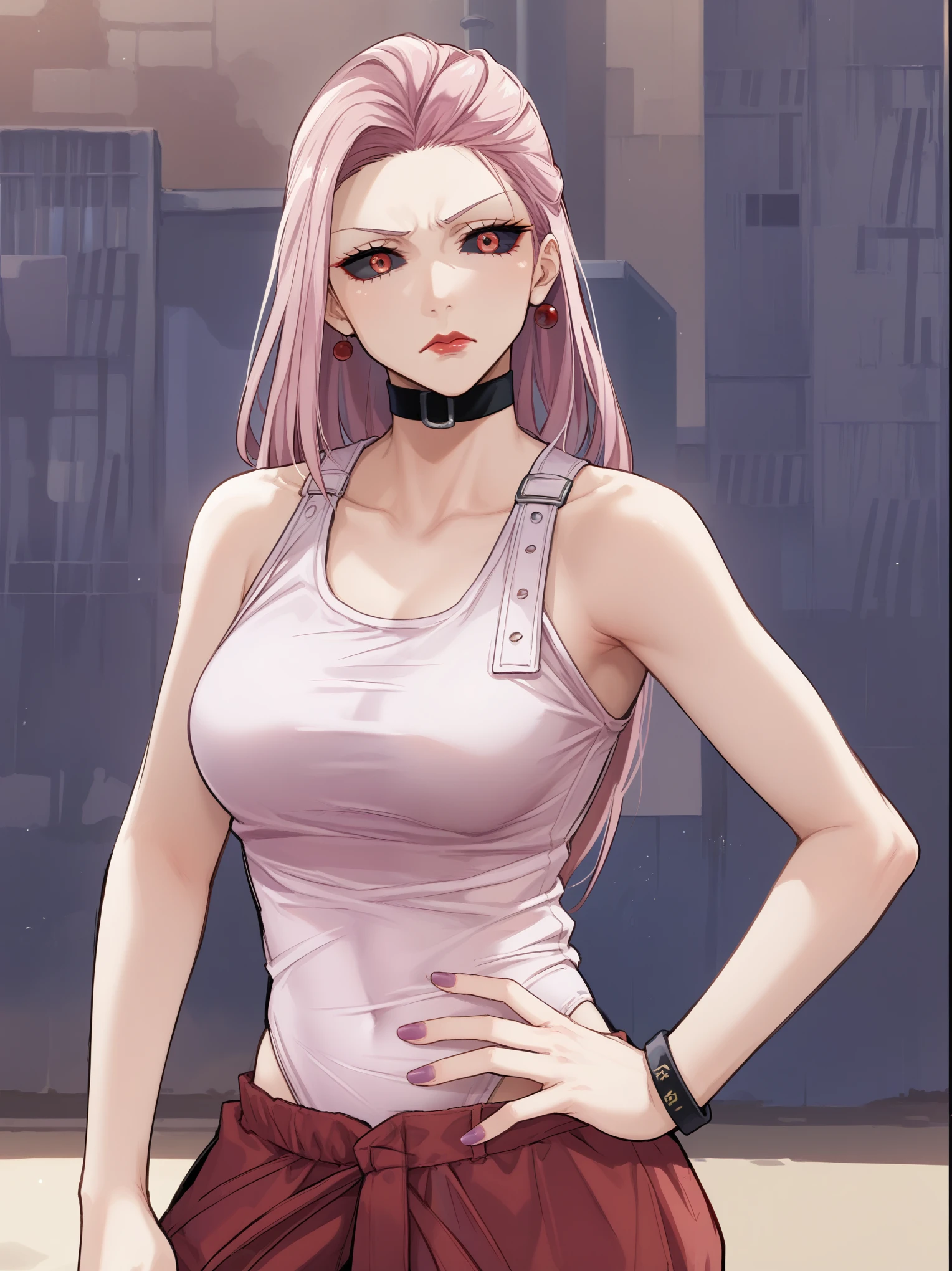 score_9, score_8_up, score_7_up, Jujutsu kaisen style, Takako Uro, (1girl, solo), (25years old, mature female), (pink long hair, wave hair), (red pupils, black sclera), red lips, (dissatisfied expression, disgust), (pink leotard top, casual leotard style top, medium breasts), red casual shorts, (neck band, wrist band), purple nail, outdoors