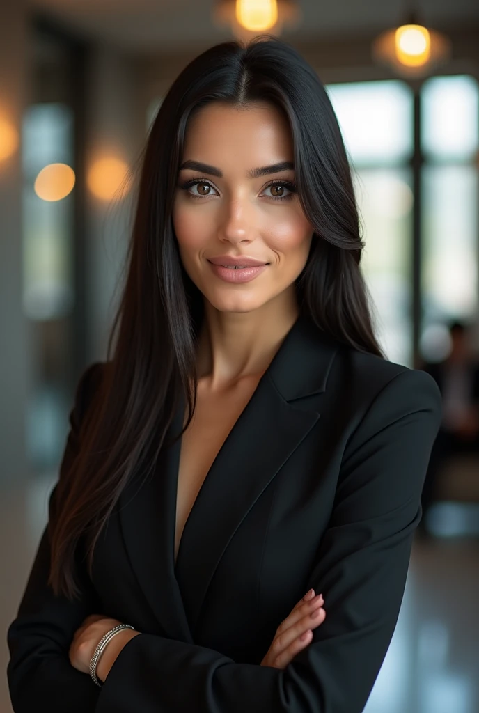 Latin woman, of 1,80 meters high, slim brunette,  straight black hair without waves, large eyes, elongated profile , filena nose, medium thick lips, with a beautiful smile, professional, sophisticated executive,  that she is physically exactly the same as the photo that I am going to attach in image suggestions, but the following description about the clothes and the activity  , that she is dressed in white,  Speaking through a microphone in an auditorium. 