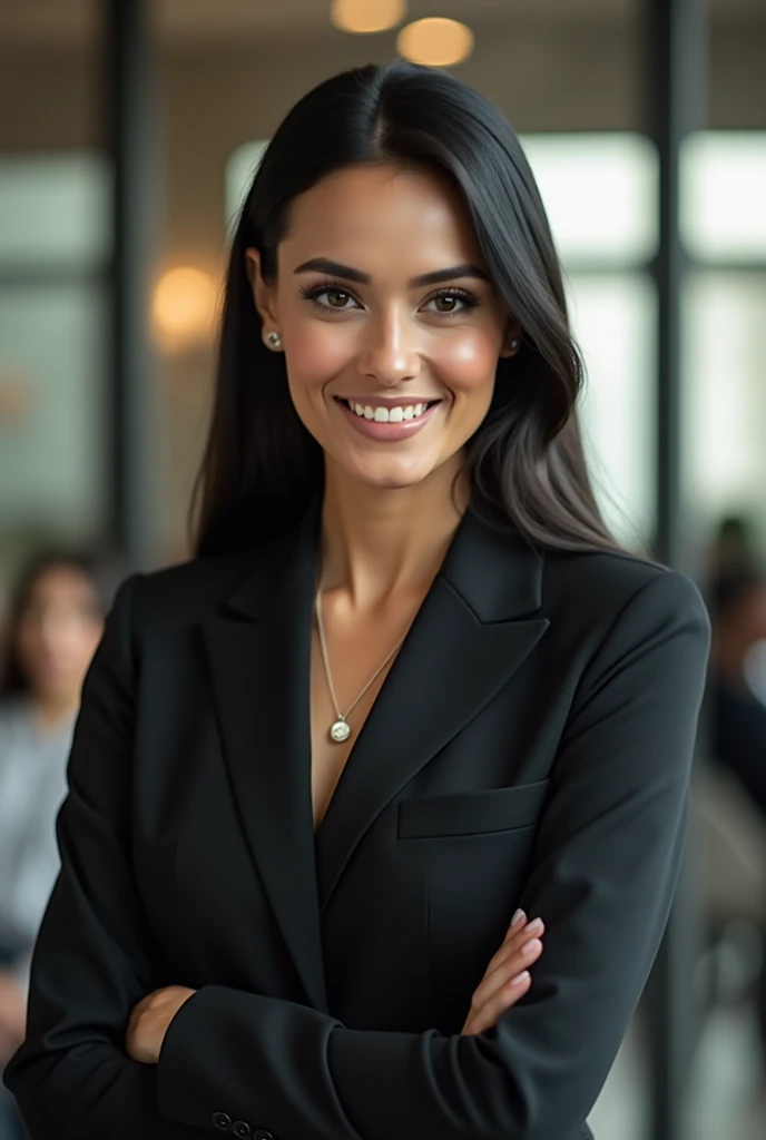 Latin woman, of 1,80 meters high, slim brunette,  straight black hair without waves, large eyes, elongated profile , filena nose, medium thick lips, with a beautiful smile, professional, sophisticated executive,  that she is physically exactly the same as the photo that I am going to attach in image suggestions, but the following description about the clothes and the activity  , that she is dressed in white,  Speaking through a microphone in an auditorium. 