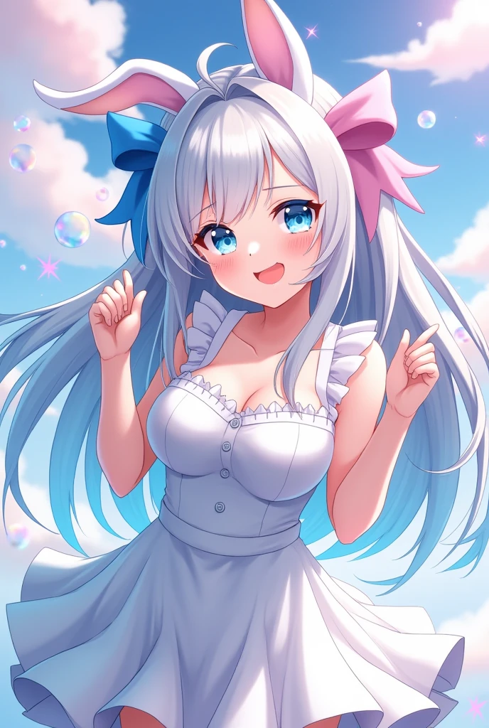 Cute anime girl with white hair, blue tones, large breasts, and a funny personality.