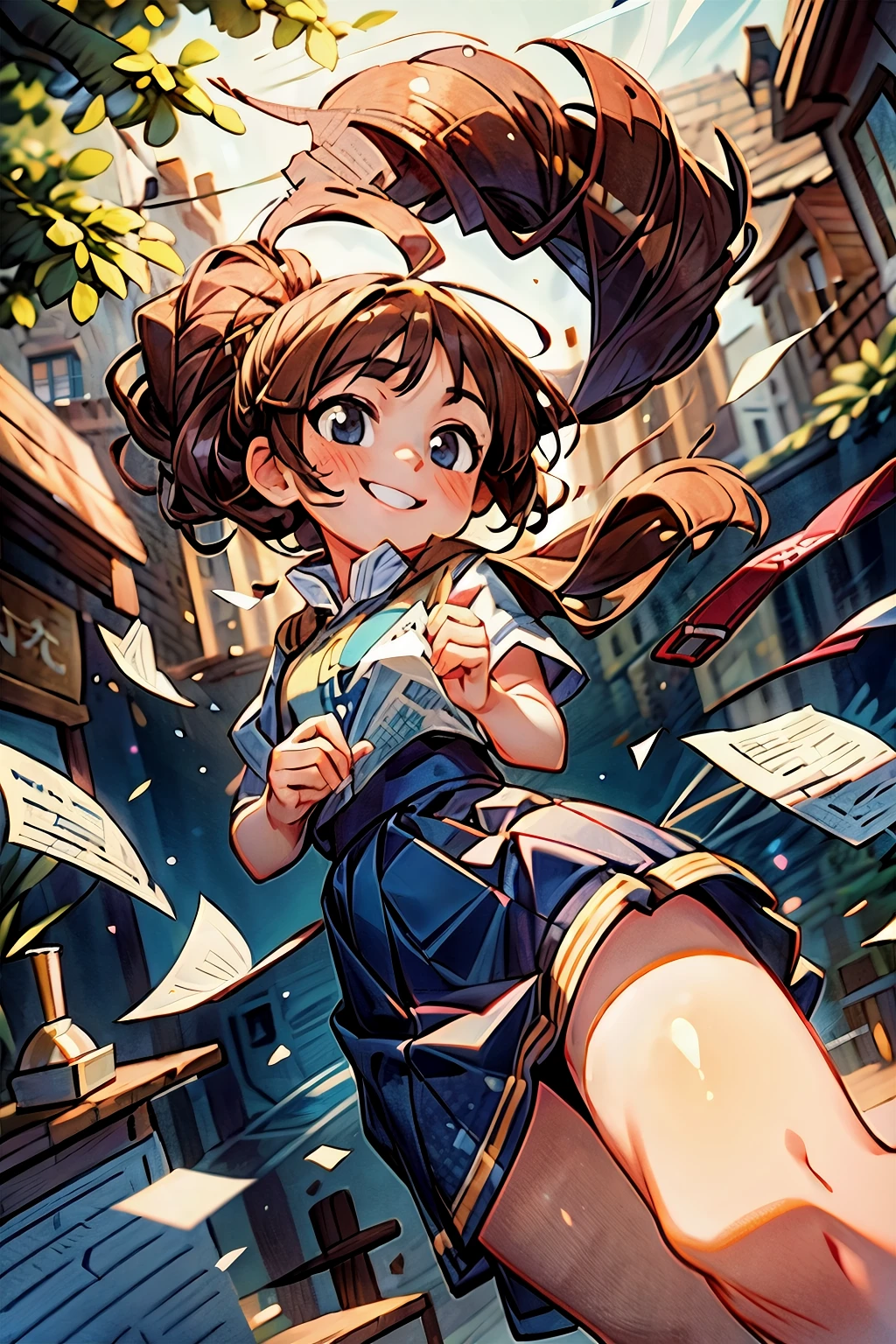 (((masterpiece))),best quality,girl,smile face,outdoor,brown hair,blue eyes,town,handing you a paper, floating shine, floating hair, ray tracing,