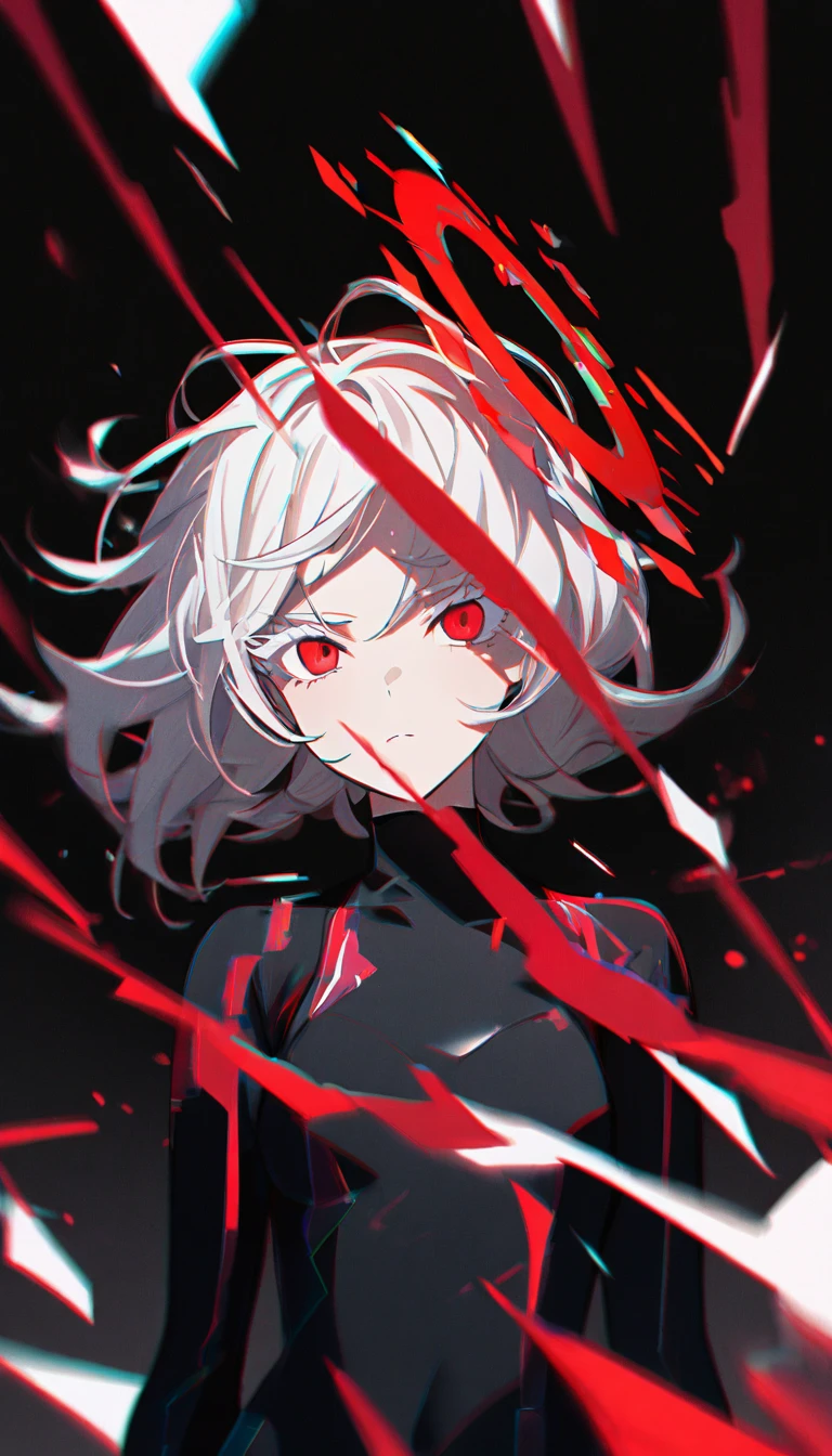 1girl, white hair, wild hair, red eyes, (white eyelashes:1.2), emotionless, red glow halo, (chromatic aberration:1.2), solo, digital dissolve, black bodysuit, 20 years old, mature, arrogant expression, black background
