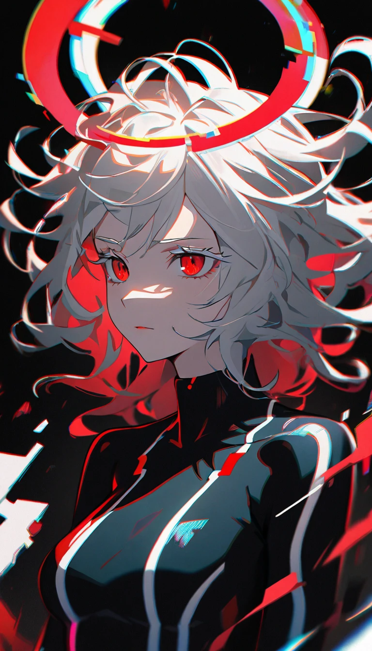 1girl, white hair, wild hair, red eyes, (white eyelashes:1.2), emotionless, red glow halo, (chromatic aberration:1.2), solo, digital dissolve, black bodysuit, 20 years old, mature, arrogant expression, black background