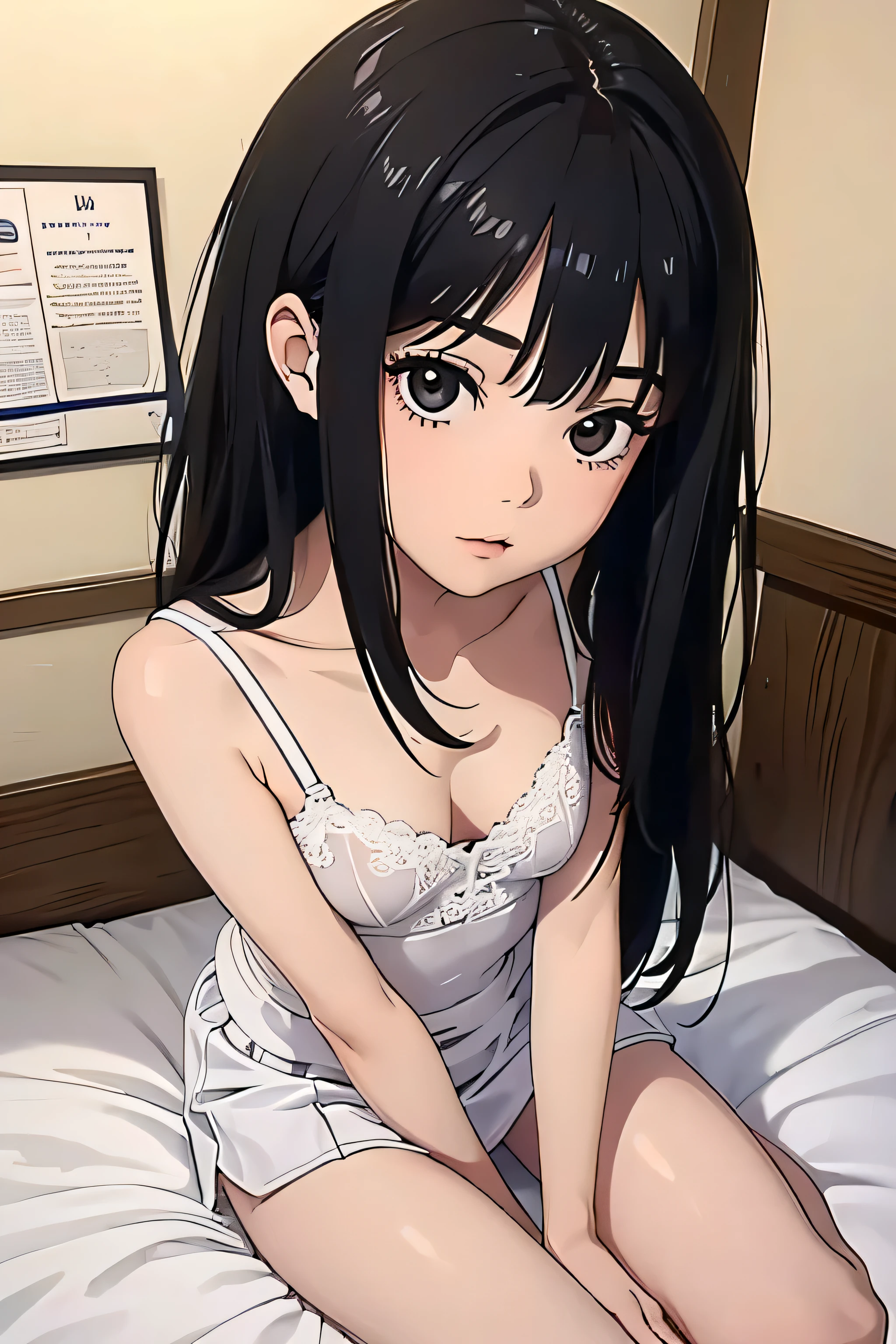 ((Highest quality)), ((2D)), (Small eyes), Perfect Face,,Beautiful Face,Slit eyes,Narrow eyes,bed,Small breasts,Thin arms,Skinny,Dark look,Black Hair,Lace camisole,Thin legs,