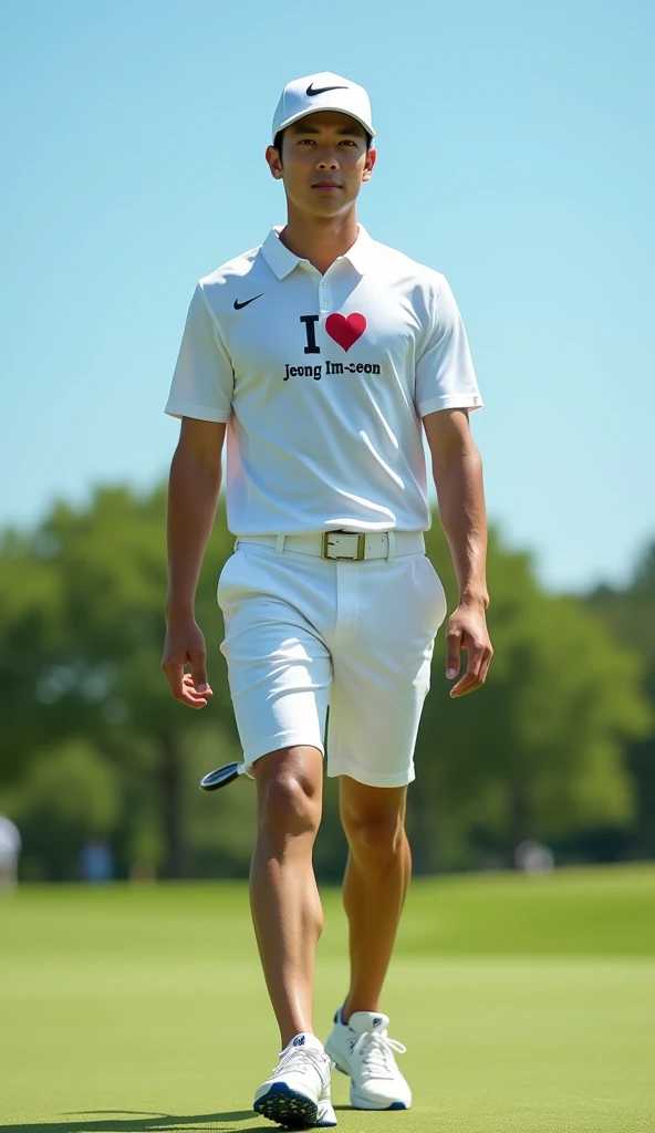 Make a picture of a handsome Korean male golf player, The shoes are Nike, The hat is Nike, Make me a pair of Nike shorts, Make a view of me walking towards you, bust shot, Make your eyes clearer, Make a T-shirt with the words "I love Jeong Im-seon"