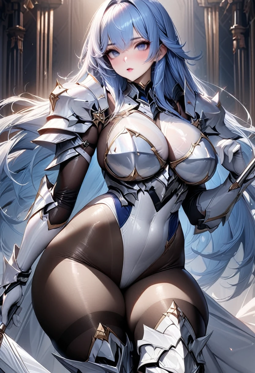 ((highest quality)), ((masterpiece)), ((hyperrealistic)), (solo), 1girl, ((curvy)), ((Tight and digging into the skin: 1.2)), perfect face, ((Azur Lane)), ((armored dress)), ((white paladin armor)), ((skin-tight pantyhose leotard: 1.4)), ((white Plate Armor breastplate)), ((skin-tight black Investigator Bodystocking)), ((white large pauldron)), (white long gauntlet gloves), ((light blue long straight hair)), ((Big boobs that are about to burst)), (pantyhose thighs), ((Knee-high boots on the white tight skin that digs into it)), (high heel boots), ((see through cleavage cutout)), (Holding a long spear), zettai ryouiki, Perfect and beautiful dark blue eyes, Perfect hands, perfect fingers, luxurious goldsmith spear, makeup, cowboy shot, dynamic pose, wield a spear