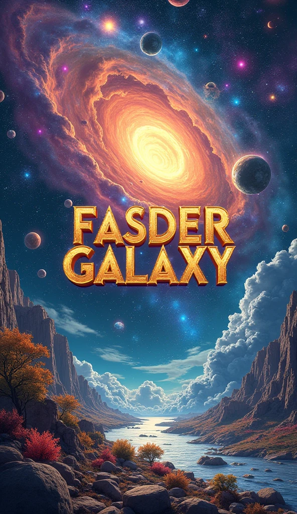 A mythology title word "FASDER GALAXY" written on the poster. ((there are bubbles, universe, light, thunder, fire, storm, cyclone, black hole, snow, nature, moon, sun, plants and trees, galaxy, winter, summer, crystal clear, gold, silver, diamond, stars, planets, birds, aesthetic, ultra resolution, realistic, infinity, HD, Sci-Fi, adventure, fantasy, horror, 3D, Poster)). Title "FASDER GALAXY".
