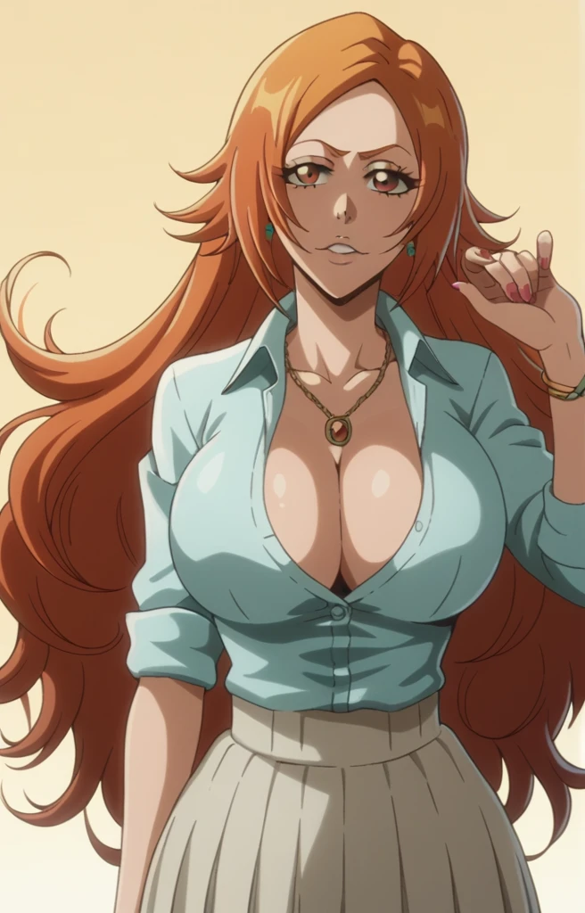 Inoue Orihime,Big breast,HighSchool uniform with unbuttoned Cleavage,short Grey skirt,lariat necklace,Long pink nail,Hoopa bracelet,Earpiercing,Bleach Anime artstyle,Half eyes open,Stylish Wavy hair,Spouty mouth,Thick lips,view from head to waist,Curvy figure,Big wavy hair,Enchanced breast,tight thights,gaze on viewer