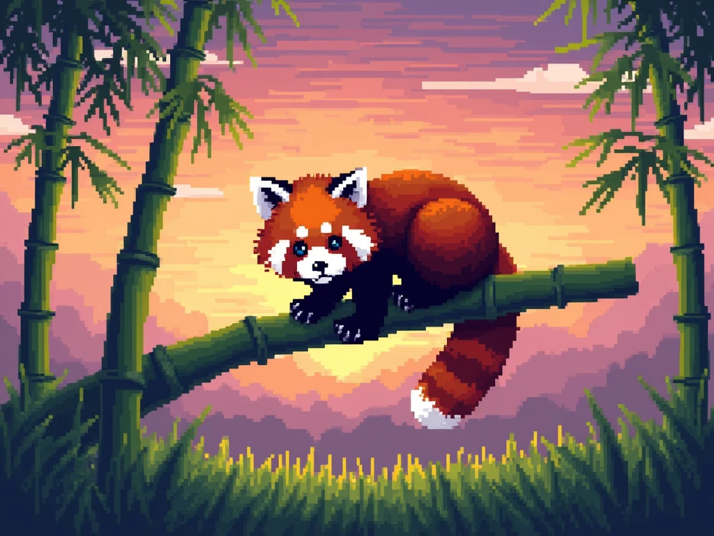 Create 8-bit pixel art with a red panda, sitting on a bamboo branch. Background - sunset with orange, pink and purple shades, with clouds. Below - green grass. Use a palette of 16 colors. The panda should look cute and fluffy, with big eyes. Add some bamboo shoots to it, Hanging from a branch.