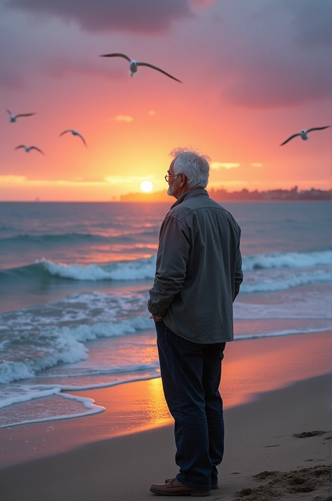 Seen :There is a beach and blue sea waves are coming and going. A old man is seeing all. There is a sunset also. A natural and beautiful sunset view in a sea beach.