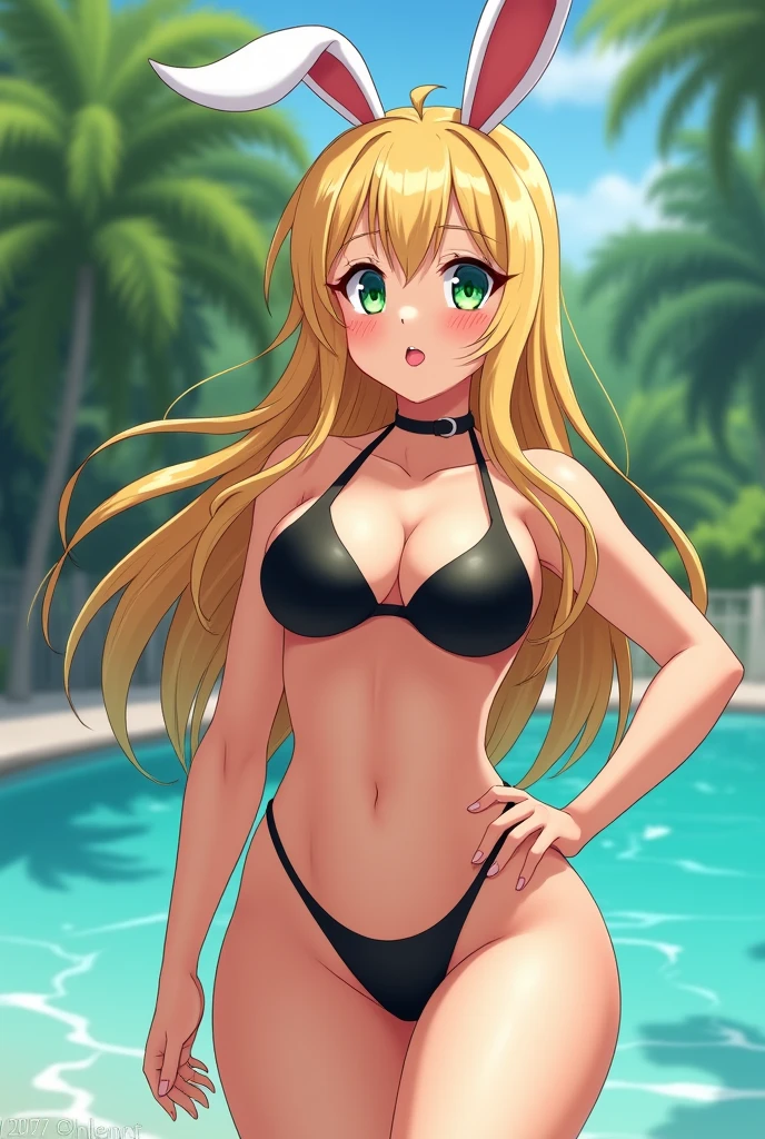 generate a beautiful blonde girl, medium bunny, with big breasts, big legs, wearing a black latex bikini, who is sweaty, with the tongue out, tanned skin, green eyes and anime style.