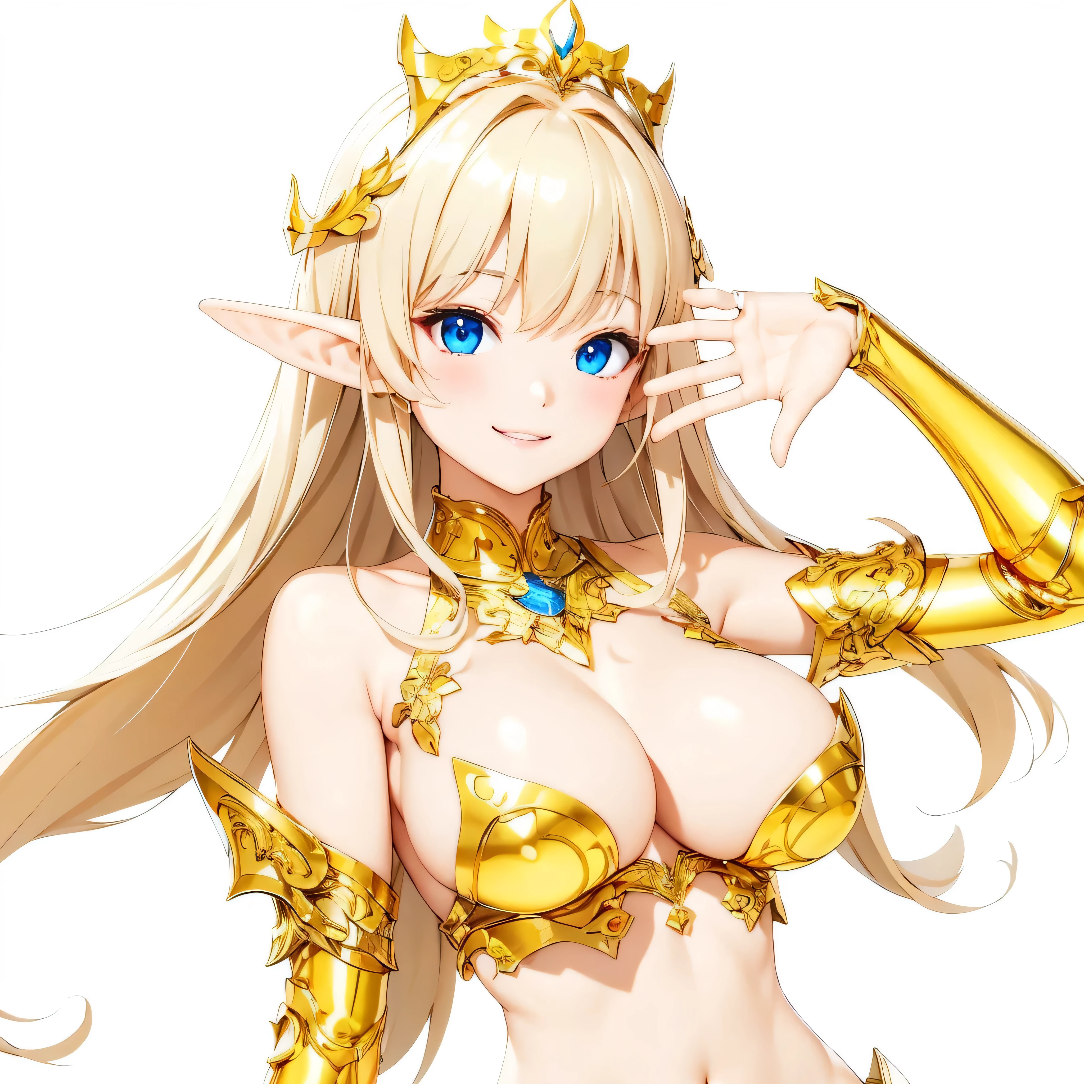 Highest quality、Very detailed、High resolution、１６ｋ、Thin contours、耳の長いElf、Nipples are visible、Shining golden armor、Gold bikini armor、Very large breasts、Extremely transparent skirt、Wearing black pants、chest proportion、Smile of the Goddess、Very white skin、Beautiful fingers、Perfect Style、Elf、No bra、Blonde hair and blue eyes、Cool smile