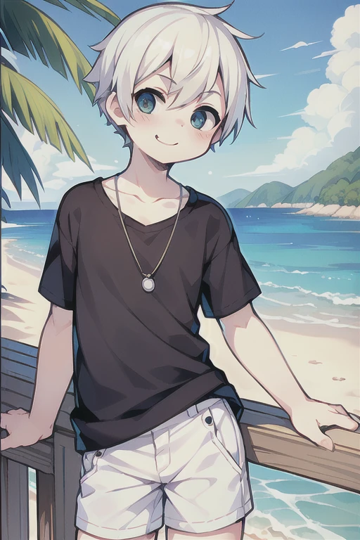 Highest quality, (high quality),eye highlights,arms are thin, thin body,face,from front,look at viewer,droopy eyes,very happy smile,Pouting mouth,open your mouth and laugh,(((chilled boy))), (1 boy),(white hair),((short hair)),half pants,sea,