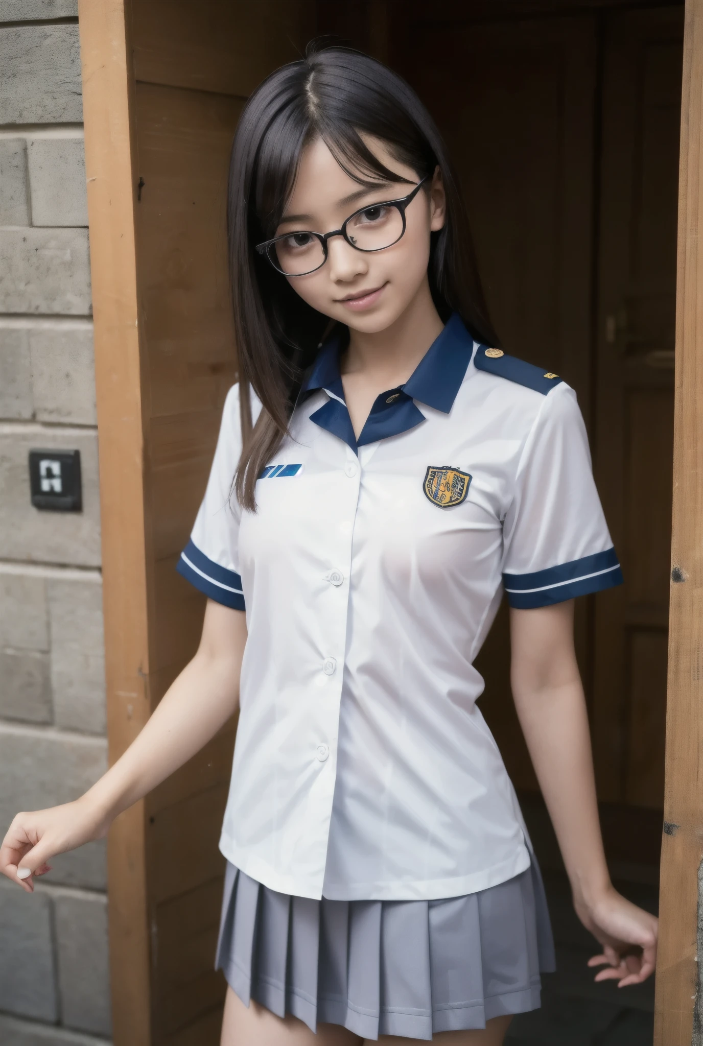 ((Highest quality)), ((masterpiece)), (detailed), One person,cute童顔,15 years old,Perfect Anatomy,Perfect Eyes,Small face,Small hands,Long limbs,Wearing round frameless glasses,cute,She is wearing a white short-sleeved uniform.,she is wearing a tie,She is wearing a pleated miniskirt,In a city where rain falls,,She has very small, pointed breasts,Flat Chest,Wearing a wet uniform, The thin shirt sticks to your skin,Look to the side,Laugh shyly,her uniform is soaked and clinging to her body,Rainy city,Armpits are visible