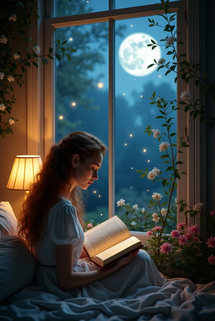 A beautiful woman reading in her room at the window with the garden outside. Make it animated . It is night time