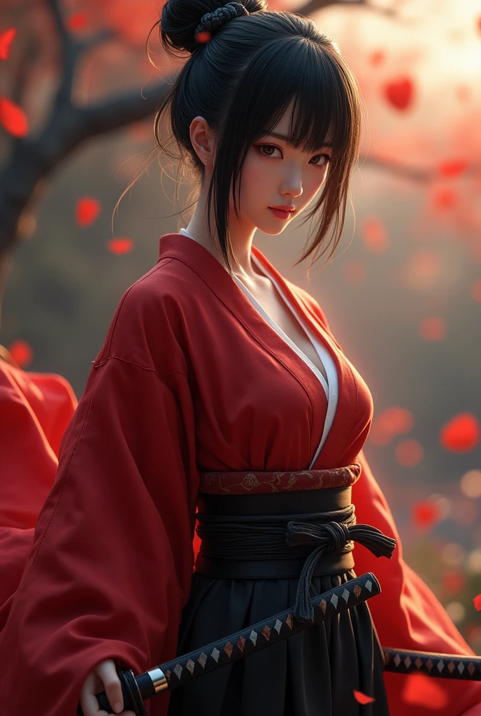 Samurai girl, short black hair tied back, wearing Japanese red kimono and black hakama, two Japanese swords across her waist, ((masterpiece, highest quality, Highest image quality, High resolution, photorealistic, Raw photo, 8K)), ((Extremely detailed CG unified 8k wallpaper)), (huge stunning goddess shot, very hot and sexy, jaw-dropping beauty, perfect proportions, beautiful body, slim body beauty:1.4),
