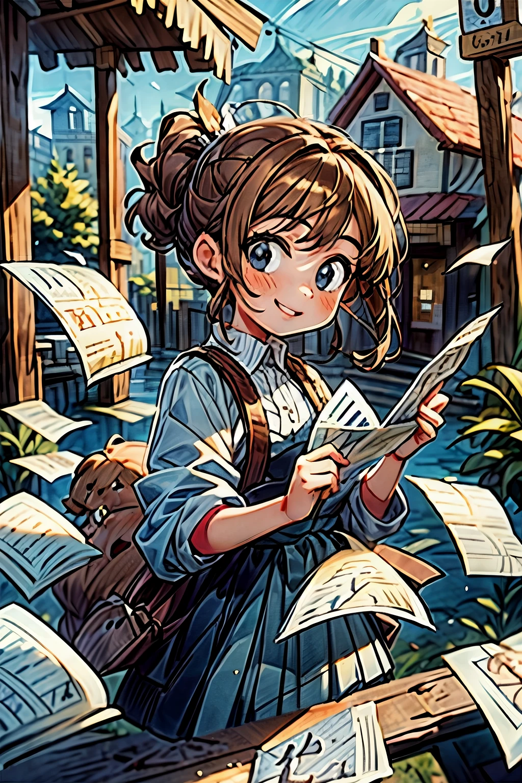 (((masterpiece))),best quality,a lot of paper,girl,smile,outdoor,brown hair,blue eyes,town,handing you a paper,