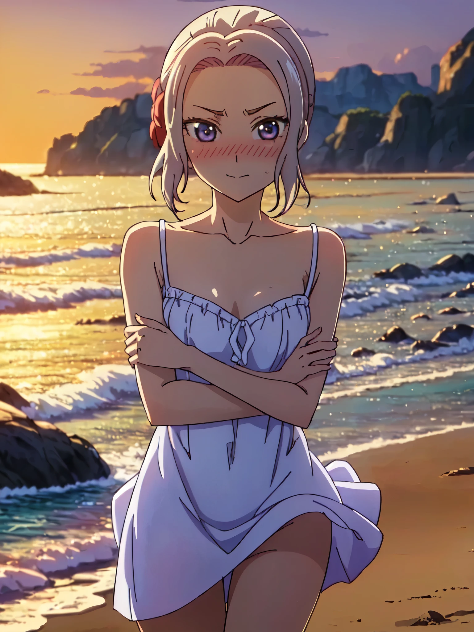 ((((masterpiece、Highest quality、High resolution)、anime)))、White Hair、Beautiful, smooth chest、(Dynamic pose)、looking at the camera、(Beautiful detailed face、Beautiful big eyes)、((One beautiful person))、Good sensitivity、((Sexy pose))、((Embarrassed face))、Red cheeks、Wear a white dress、A demure smile、Walking on the sandy beach of a calm early morning coast.