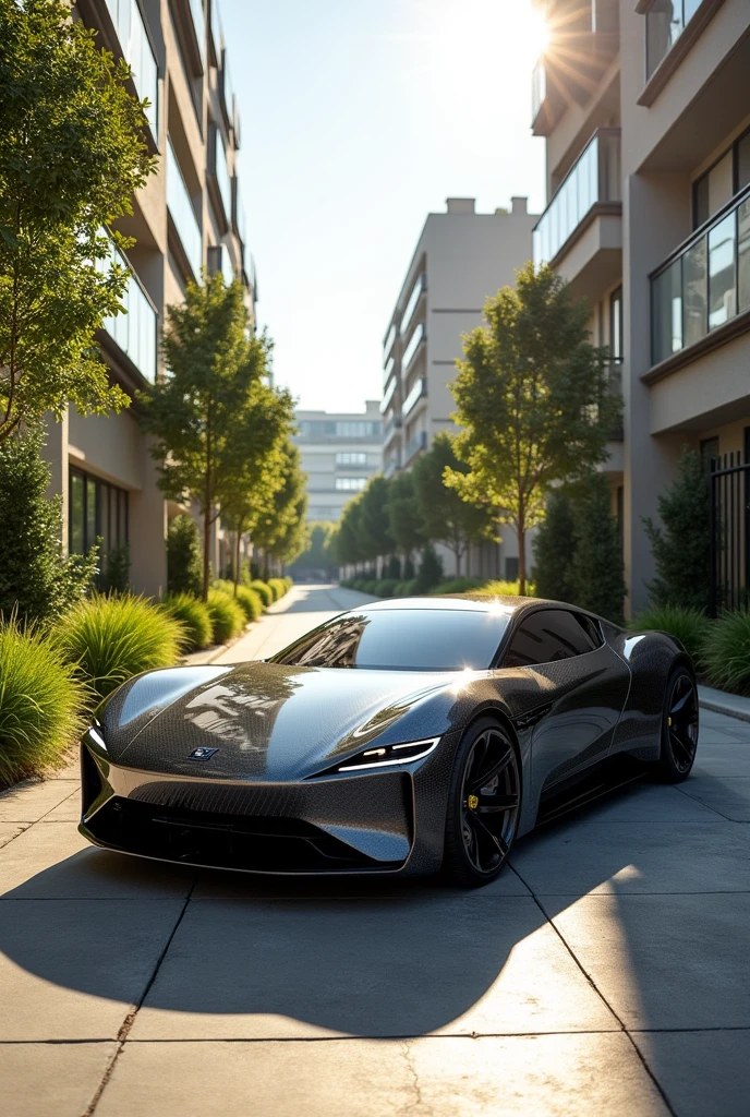 parked, driver's side: 2030 Polluxstar P500 luxury fastback solar-electric sedan with carbon fiber and titanium chassis and materials, eco-friendly hemp bioplastics, prices start at $60,000 with 500 miles driving range (350-horsepower single motor), $70,000 (500-horsepower dual motor), and $140,000 (quad motor).