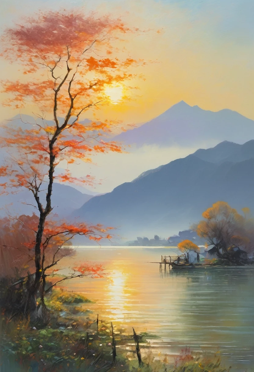 Painter of Light, Impressionist painting, Oil, Sunrise scenery in Satoyama, The sea is boldly depicted, Improvised brush strokes、Distant view of rocky mountains, Completely shrouded in fog, Accented with the rising sun, Xu々Expressing the brightening sky, The soft colors and gentle brushstrokes create a calming atmosphere..。The focus of the image is on the impression、The painting itself is a masterpiece、Perfect Sentence、Bold brushstrokes、Impressionist feeling, The mysterious beauty of that moment, Enhances overall aesthetic appeal。Warm lighting、The viewer is able to immerse themselves in the serenity and beauty of the depicted moment.。The image is、Truly capturing the essence of painting、Highest quality with high resolution and ultra-detailed rendering。The art style is、Emphasis on realistic and photorealistic expression、Reflecting traditional oil techniques。The color is warm and attractive、Highlight the rich colors of a sunset、Add depth and dimension to the entire scene。