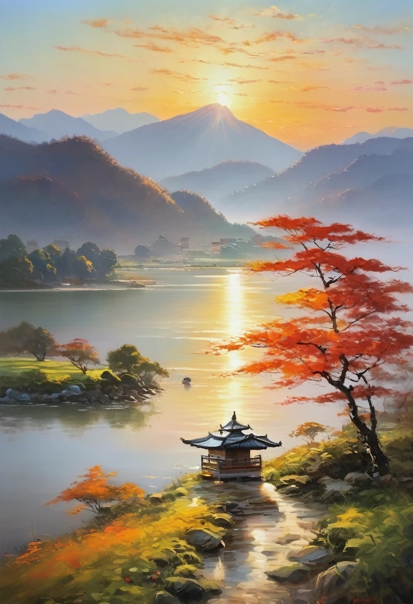 Painter of Light, Impressionist painting, Oil, Sunrise scenery in Satoyama, The sea is boldly depicted, Improvised brush strokes、Distant view of rocky mountains, Completely shrouded in fog, Accented with the rising sun, Xu々Expressing the brightening sky, The soft colors and gentle brushstrokes create a calming atmosphere..。The focus of the image is on the impression、The painting itself is a masterpiece、Perfect Sentence、Bold brushstrokes、Impressionist feeling, The mysterious beauty of that moment, Enhances overall aesthetic appeal。Warm lighting、The viewer is able to immerse themselves in the serenity and beauty of the depicted moment.。The image is、Truly capturing the essence of painting、Highest quality with high resolution and ultra-detailed rendering。The art style is、Emphasis on realistic and photorealistic expression、Reflecting traditional oil techniques。The color is warm and attractive、Highlight the rich colors of a sunset、Add depth and dimension to the entire scene。